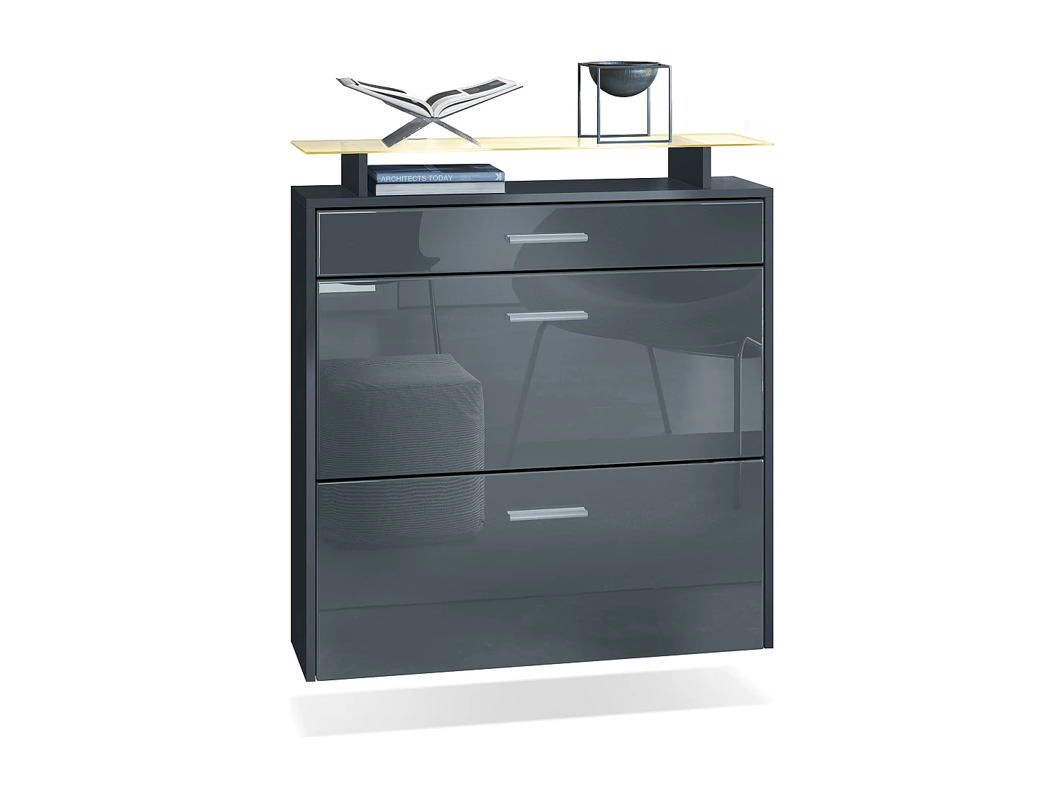 Scarpiera Vladon Malea, antracite opaco /grigio lucido incl. LED - carrello appeso per 16 paia di scarpe (89 x 96 x 23 cm)