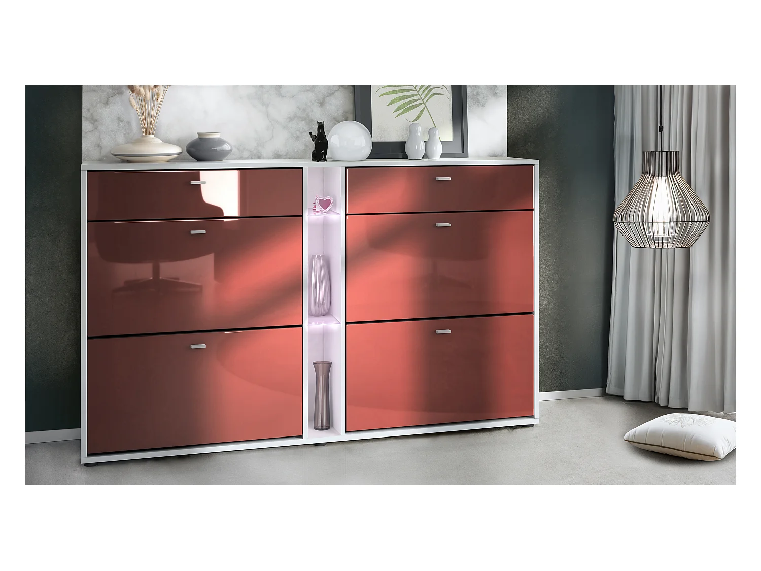 Meuble à chaussures à bascule Today 155,5 x 95 x 28 cm, avec un éclairage LED blanc, corps en Blanc mat, façades en bordeaux haute brillance