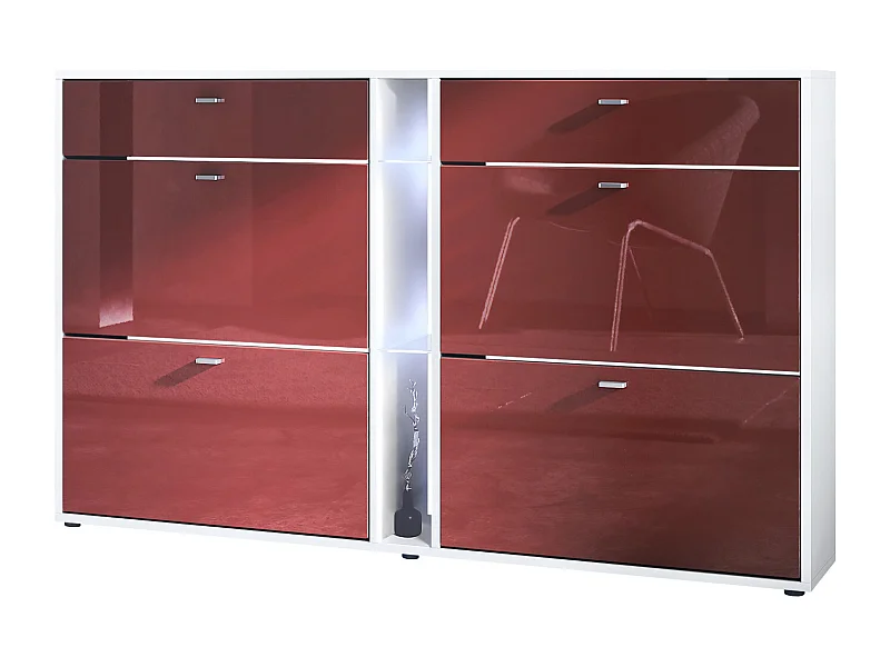 Zapatero con solapas Today 155,5 x 95 x 28 cm, con iluminación LED blanca, estructura en Blanco mate, frentes en burdeos de alto brillo