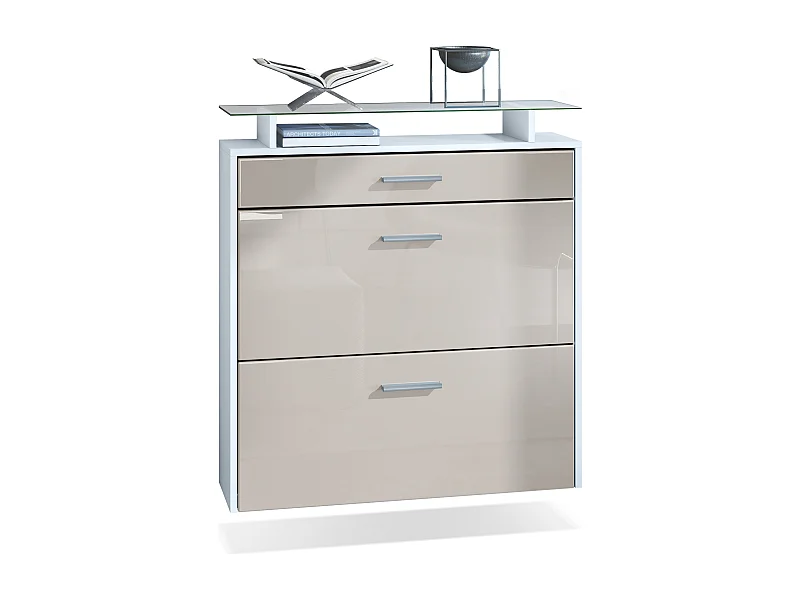 Meuble chaussures Malea, Armoire à chaussures murale pour 16 paires avec 2 clapets, 1 tiroir, Blanc mat/Gris sable brillant (89 x 96 x 23 cm)