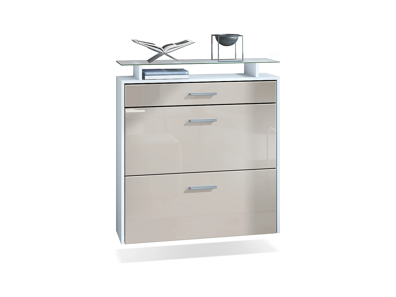 Meuble chaussures Malea, Armoire à chaussures murale pour 16 paires avec 2 clapets, 1 tiroir, Blanc mat/Gris sable brillant (89 x 96 x 23 cm)