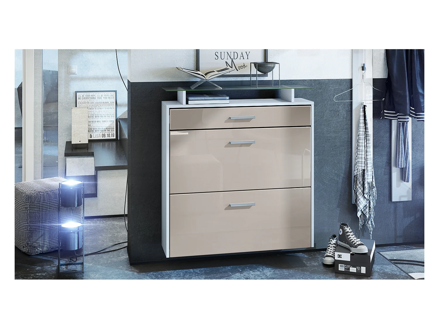 Meuble chaussures Malea, Armoire à chaussures murale pour 16 paires avec 2 clapets, 1 tiroir, Blanc mat/Gris sable brillant (89 x 96 x 23 cm)