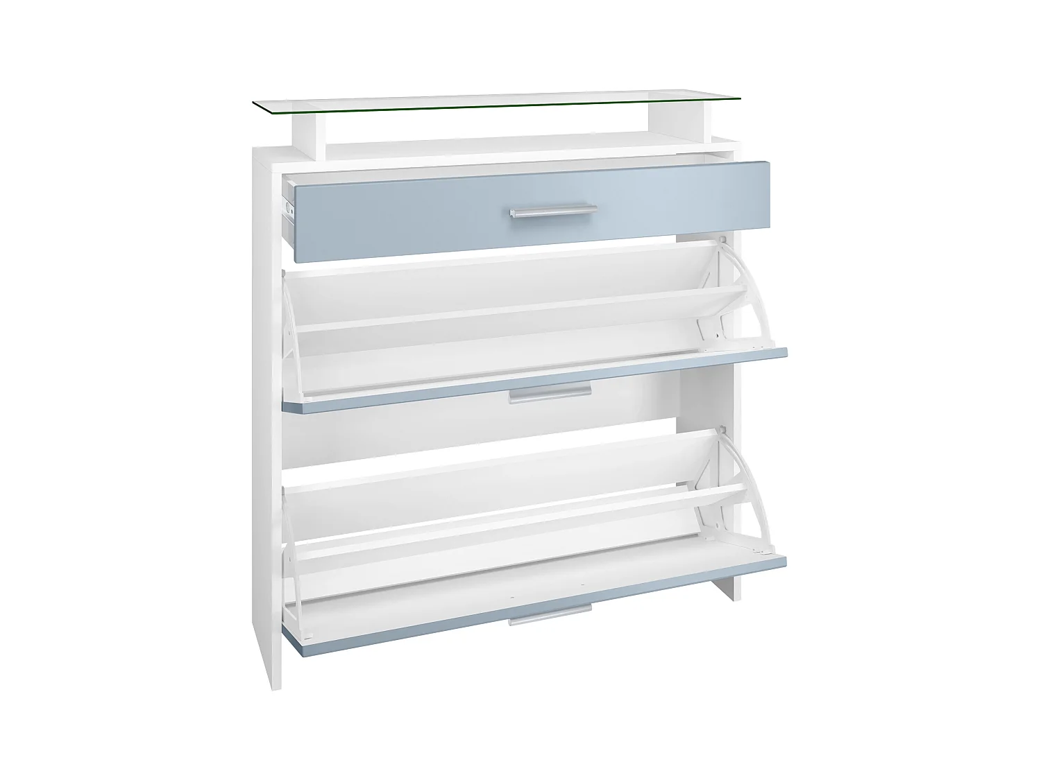 Meuble chaussures Malea, Armoire à chaussures murale pour 16 paires avec 2 clapets, 1 tiroir, Blanc mat/Gris sable brillant (89 x 96 x 23 cm)