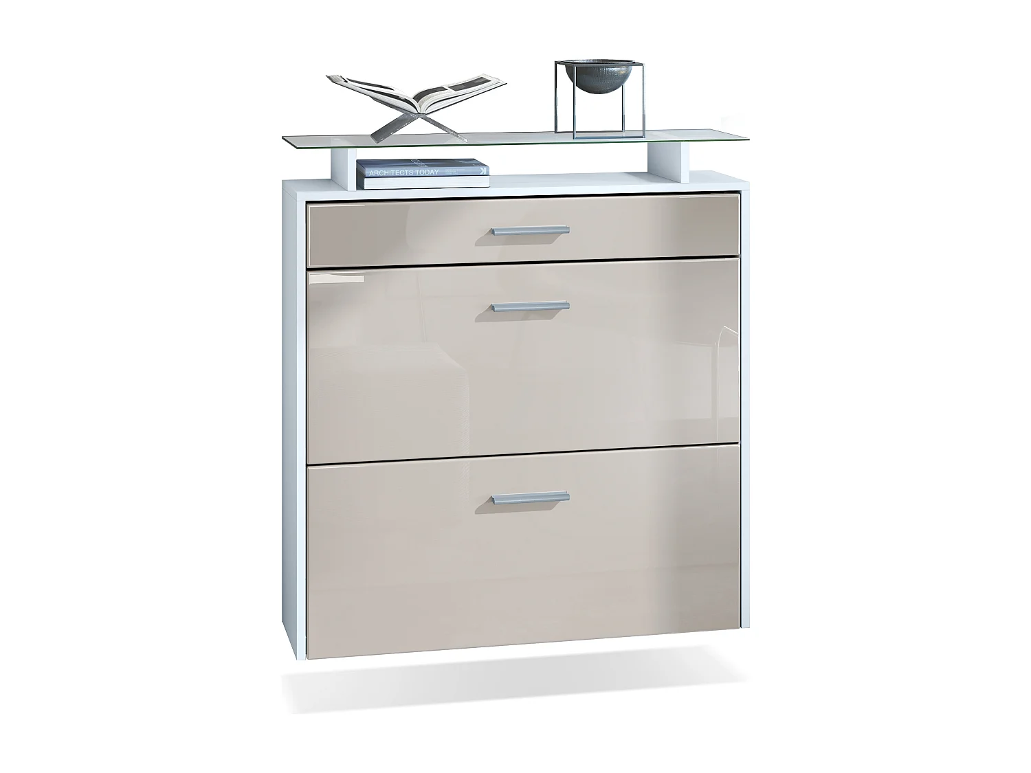 Meuble chaussures Malea, Armoire à chaussures murale pour 16 paires avec 2 clapets, 1 tiroir, Blanc mat/Gris sable brillant (89 x 96 x 23 cm)