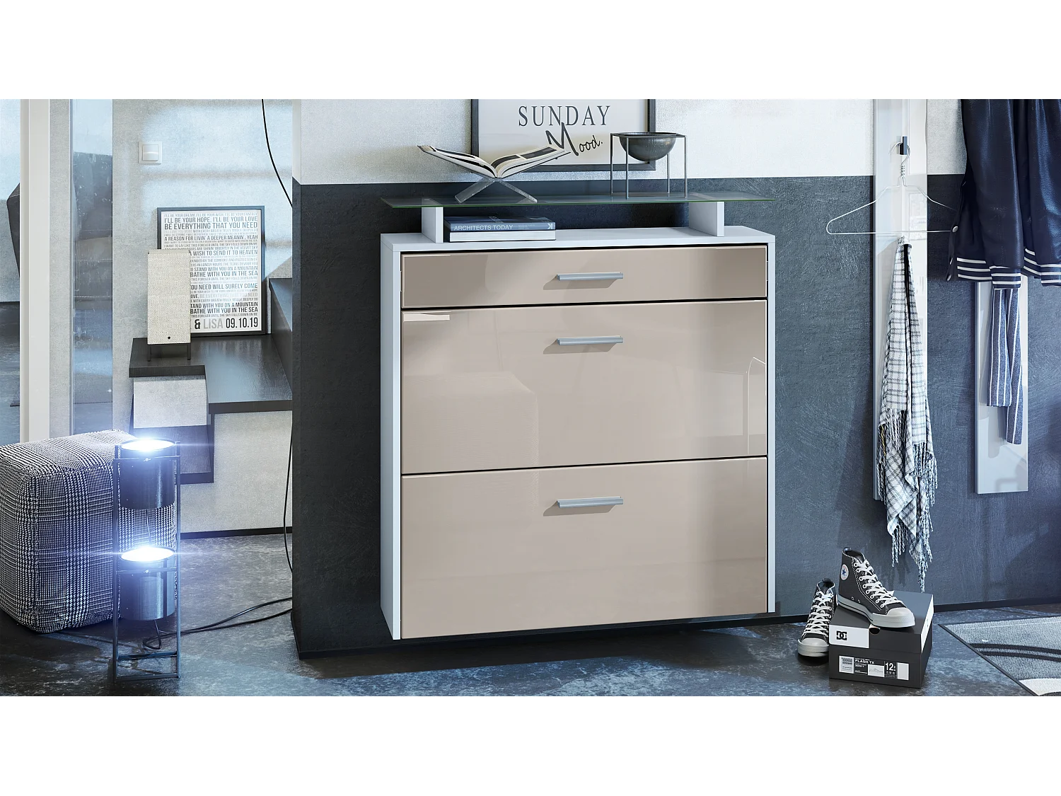 Meuble chaussures Malea, Armoire à chaussures murale pour 16 paires avec 2 clapets, 1 tiroir, Blanc mat/Gris sable brillant (89 x 96 x 23 cm)