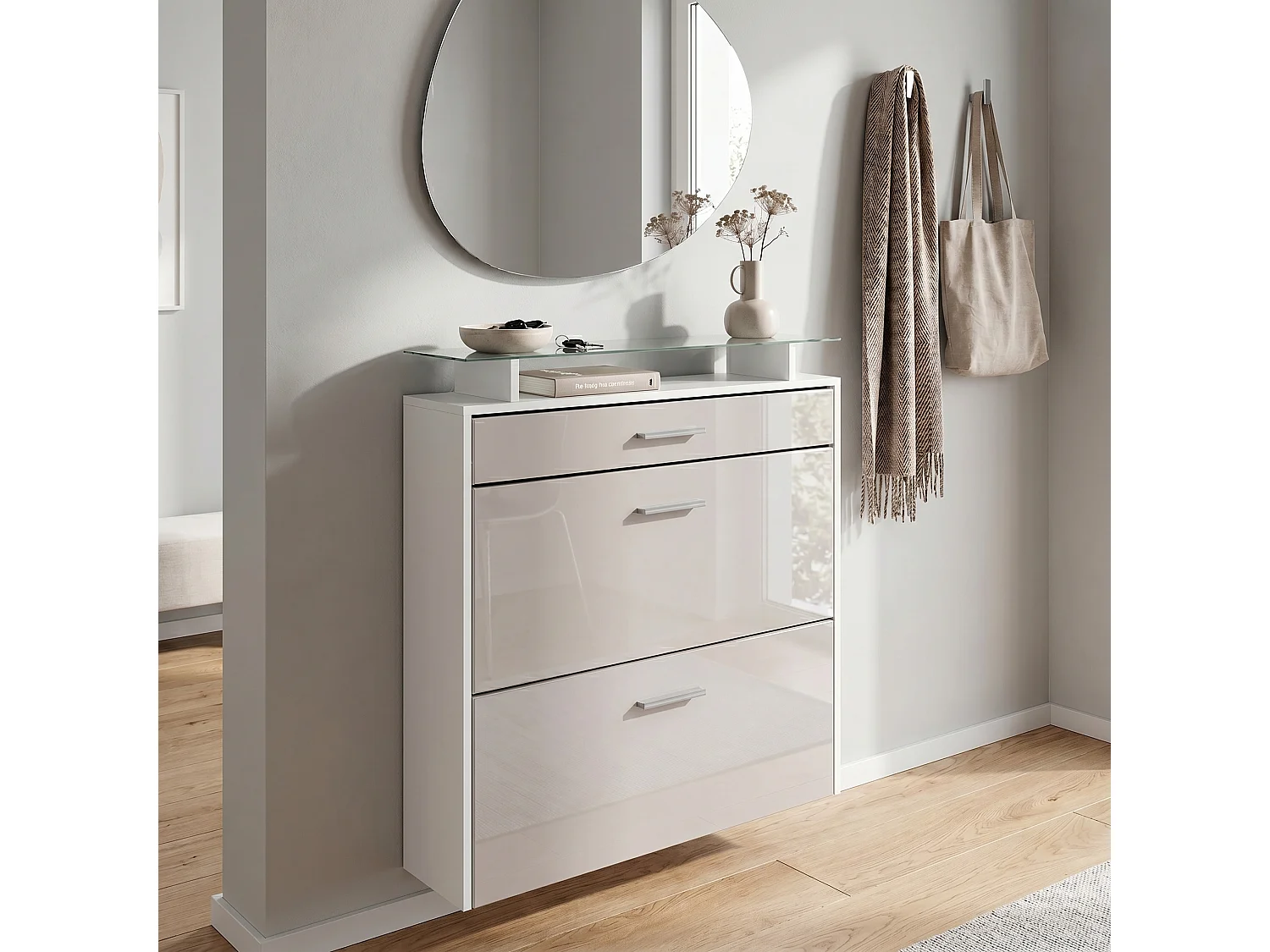 SCHUHSCHRANK Malea Front in Sandgrau Hochglanz