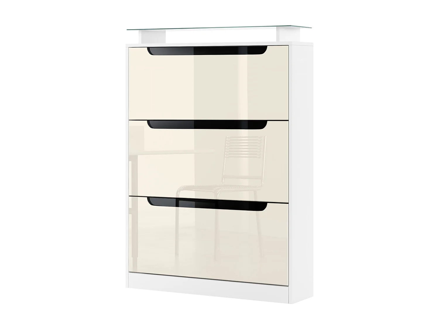 Meuble à chaussures Space, basculant pour 24 paires de chaussures avec 3 clapets et étagère en verre, Blanc mat/Crème haute brillance (89 x 128 x 23 cm)