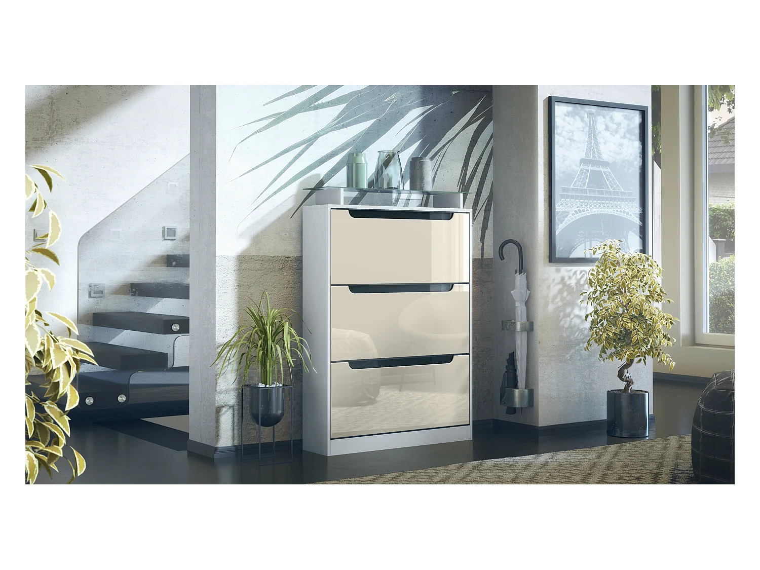 Meuble à chaussures Space, basculant pour 24 paires de chaussures avec 3 clapets et étagère en verre, Blanc mat/Crème haute brillance (89 x 128 x 23 cm)