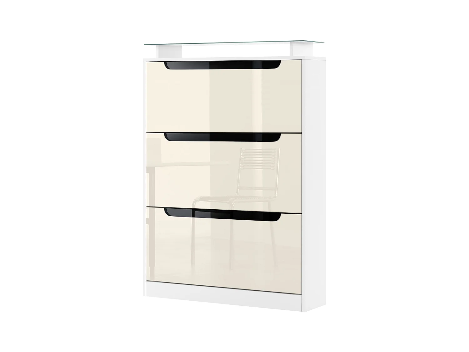 Meuble à chaussures Space, basculant pour 24 paires de chaussures avec 3 clapets et étagère en verre, Blanc mat/Crème haute brillance (89 x 128 x 23 cm)