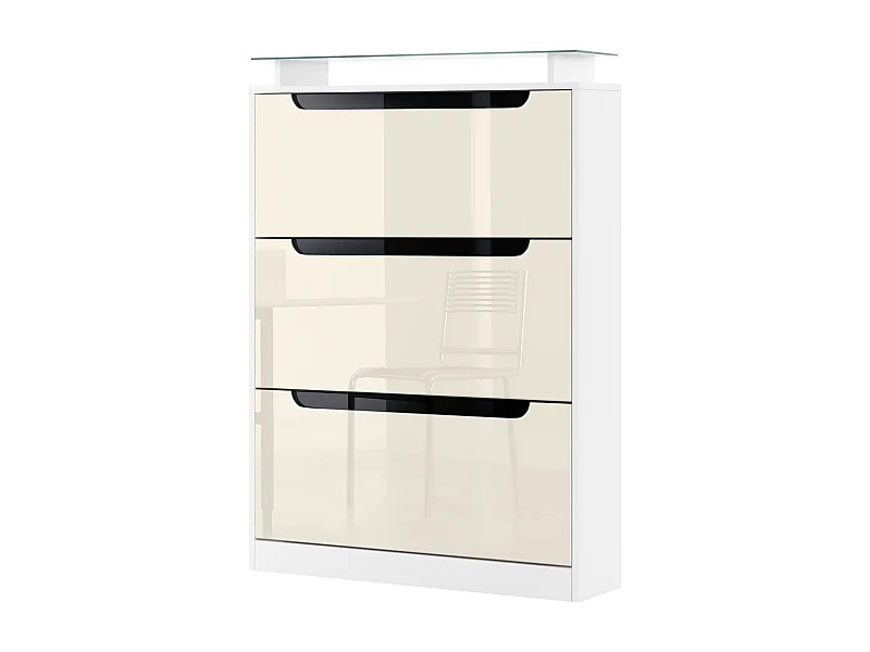 Meuble à chaussures Space, basculant pour 24 paires de chaussures avec 3 clapets et étagère en verre, Blanc mat/Crème haute brillance (89 x 128 x 23 cm)