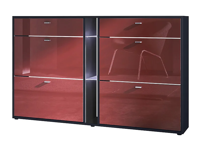 Scarpiera Today con 4 ante e 2 cassetti 155,5 x 95 x 28 cm, con illuminazione LED bianca, struttura in nero opaco, frontali in bordeaux lucido