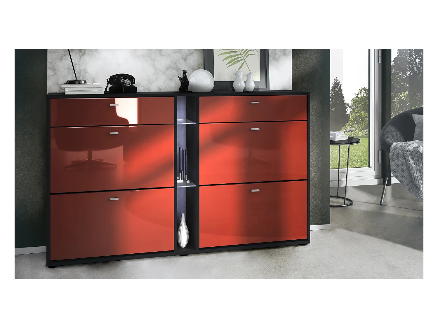 Meuble à chaussures à bascule Today 155,5 x 95 x 28 cm, avec un éclairage LED blanc, corps en Noir mat, façades en bordeaux haute brillance