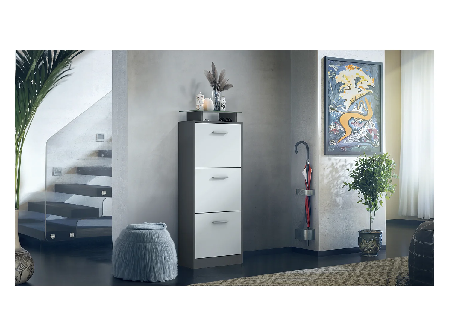 Meuble à Chaussures Lavia V2, Range-Chaussures pour 12 Paires avec 3 Abattants et Étagère en Verre, anthracite mat/blanc mat (46 x 128 x 23 cm)