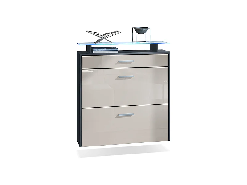 Armoire à chaussures Malea de , anthracite mat/gris sable brillant y compris LED - basculeur à chaussures suspendu pour 16 paires de chaussures (89x96x23 cm)