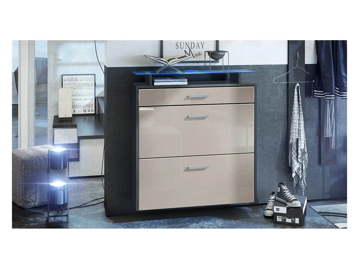 Armoire à chaussures Malea de , anthracite mat/gris sable brillant y compris LED - basculeur à chaussures suspendu pour 16 paires de chaussures (89x96x23 cm)