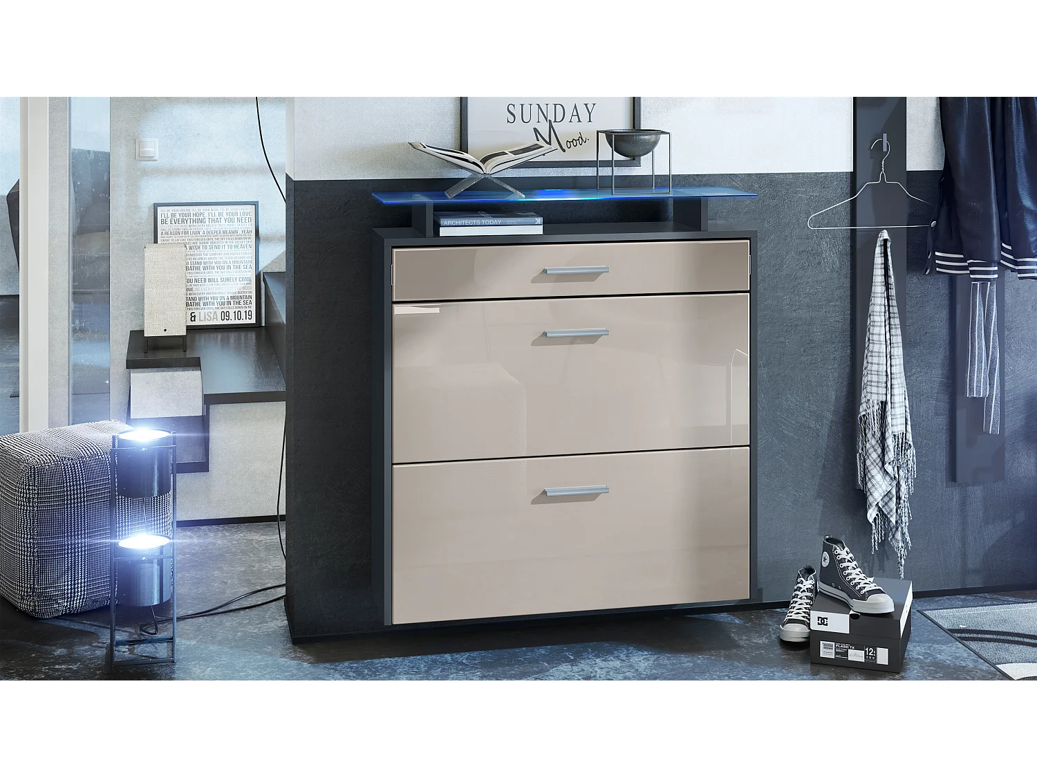 Scarpiera Vladon Malea, antracite opaco /grigio sabbia lucido incl. LED - carrello appeso per 16 paia di scarpe (89 x 96 x 23 cm)