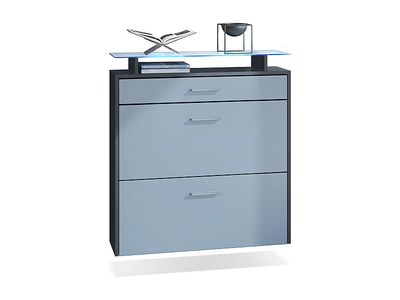 Mueble zapatero Vladon Malea, antracita mate/mezclilla mate con LED - carro zapatero colgante para 16 pares de zapatos (89 x 96 x 23 cm)