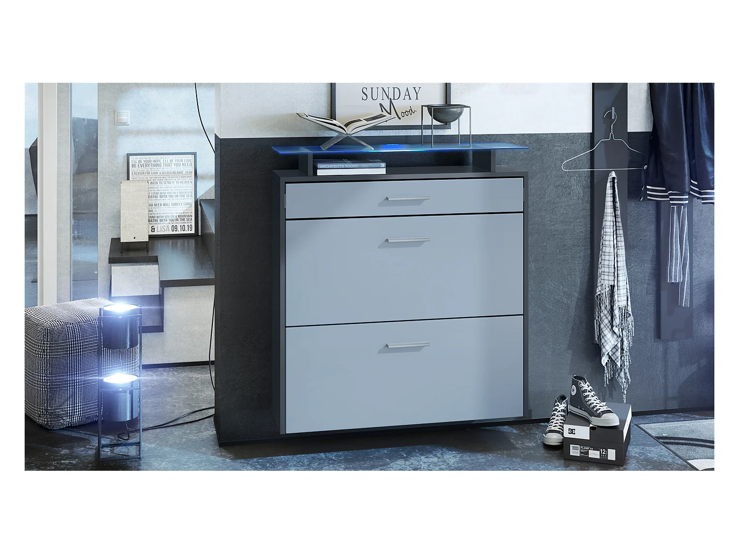 Armoire à chaussures Malea de , anthracite mat/denim mat y compris LED - basculeur à chaussures suspendu pour 16 paires de chaussures (89 x 96 x 23 cm)