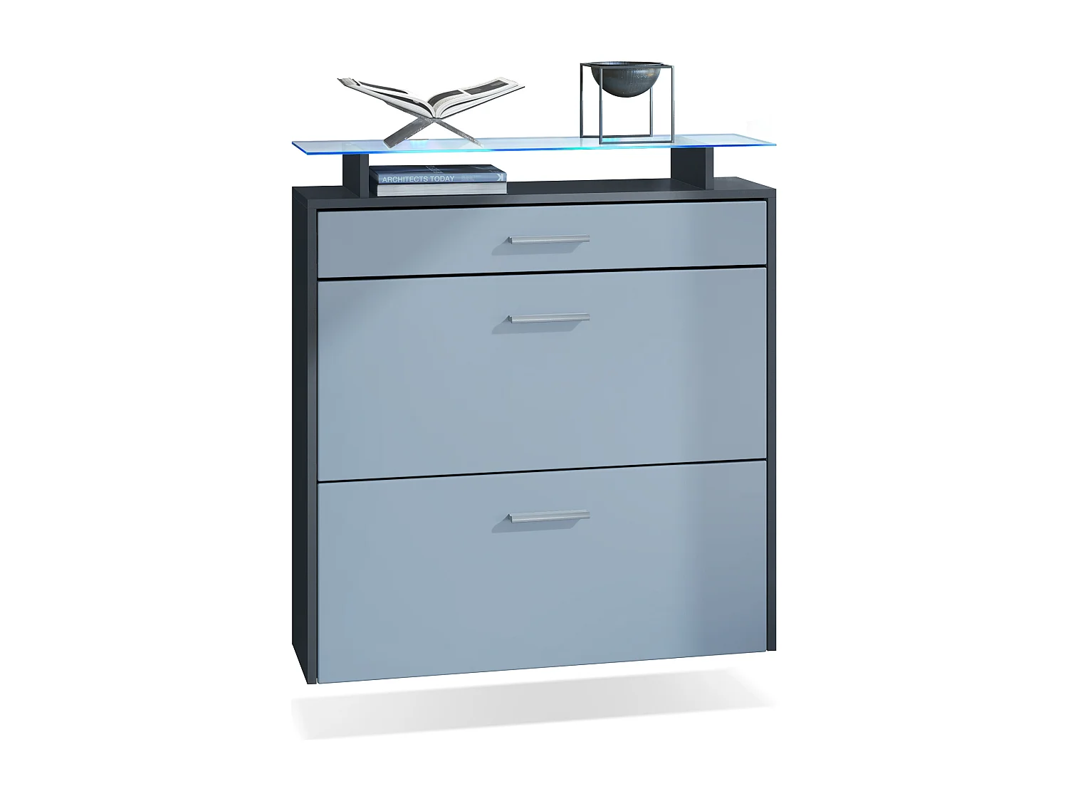 Scarpiera Vladon Malea, antracite opaco /denim opaco incl. LED - carrello appeso per 16 paia di scarpe (89 x 96 x 23 cm)