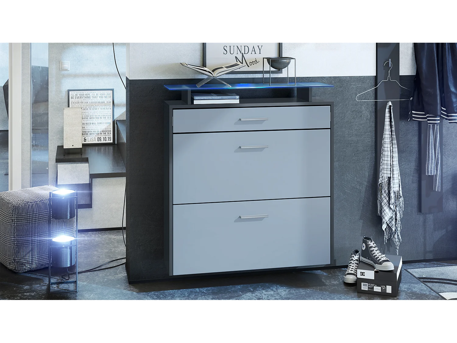 Scarpiera Vladon Malea, antracite opaco /denim opaco incl. LED - carrello appeso per 16 paia di scarpe (89 x 96 x 23 cm)