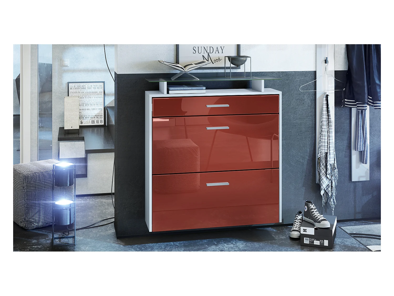 Meuble chaussures Malea, Armoire à chaussures murale pour 16 paires avec 2 clapets, 1 tiroir, Blanc mat/Bordeaux brillant (89 x 96 x 23 cm)