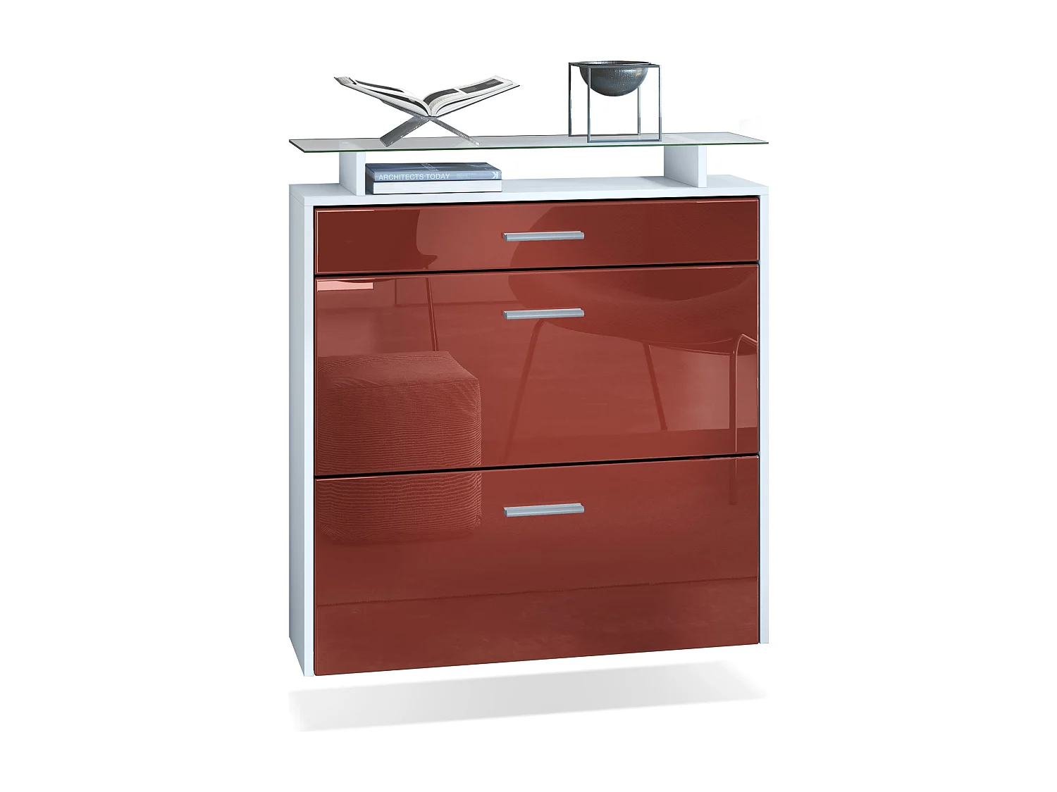 Meuble chaussures Malea, Armoire à chaussures murale pour 16 paires avec 2 clapets, 1 tiroir, Blanc mat/Bordeaux brillant (89 x 96 x 23 cm)