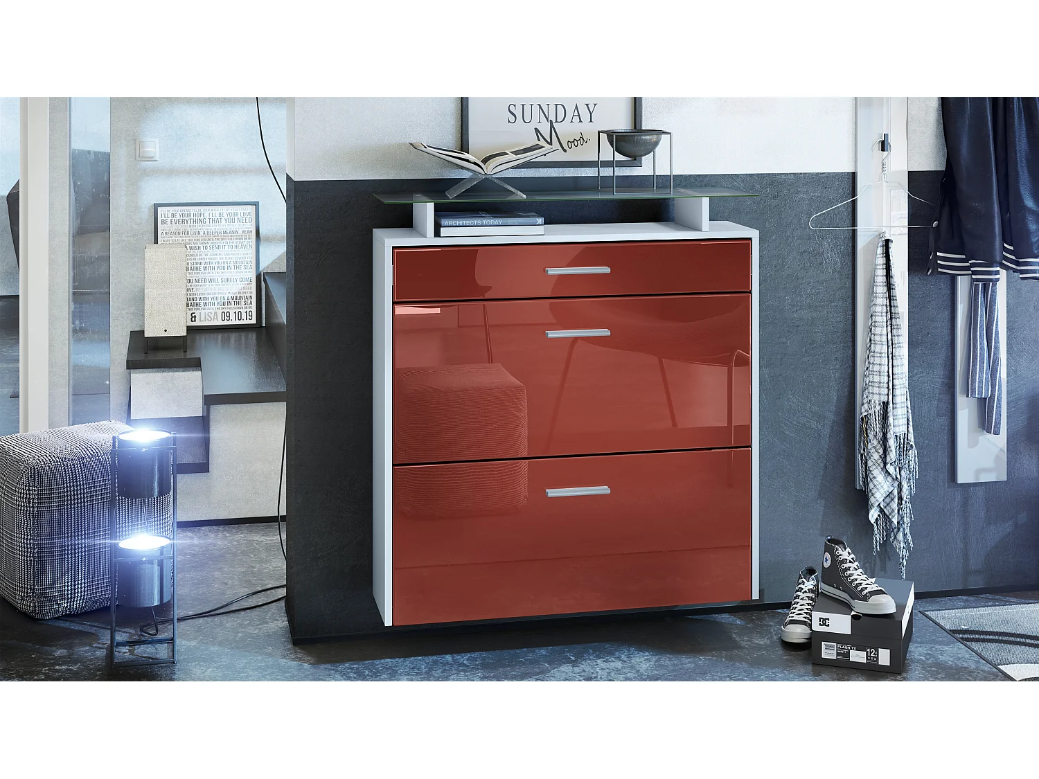 Meuble chaussures Malea, Armoire à chaussures murale pour 16 paires avec 2 clapets, 1 tiroir, Blanc mat/Bordeaux brillant (89 x 96 x 23 cm)