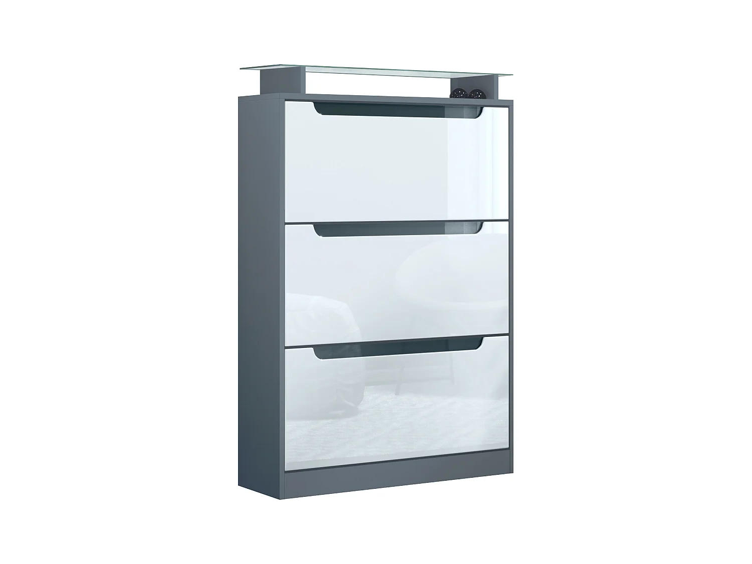 Meuble à chaussures Space, range-chaussures pour 24 paires avec 3 abattants et étagère en verre, anthracite mat/blanc haute brillance (89 x 128 x 23 cm)