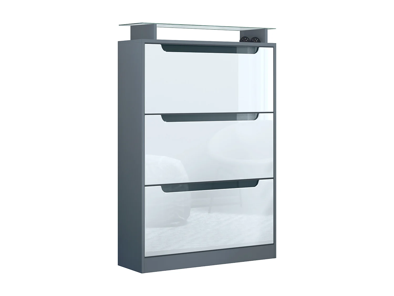 Scarpiera Space, portascarpe per 24 paia con 3 ribalte e ripiano in vetro, antracite opaco/bianco lucido (89 x 128 x 23 cm)