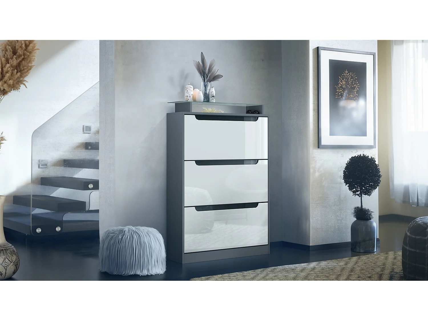 Scarpiera Space, portascarpe per 24 paia con 3 ribalte e ripiano in vetro, antracite opaco/bianco lucido (89 x 128 x 23 cm)