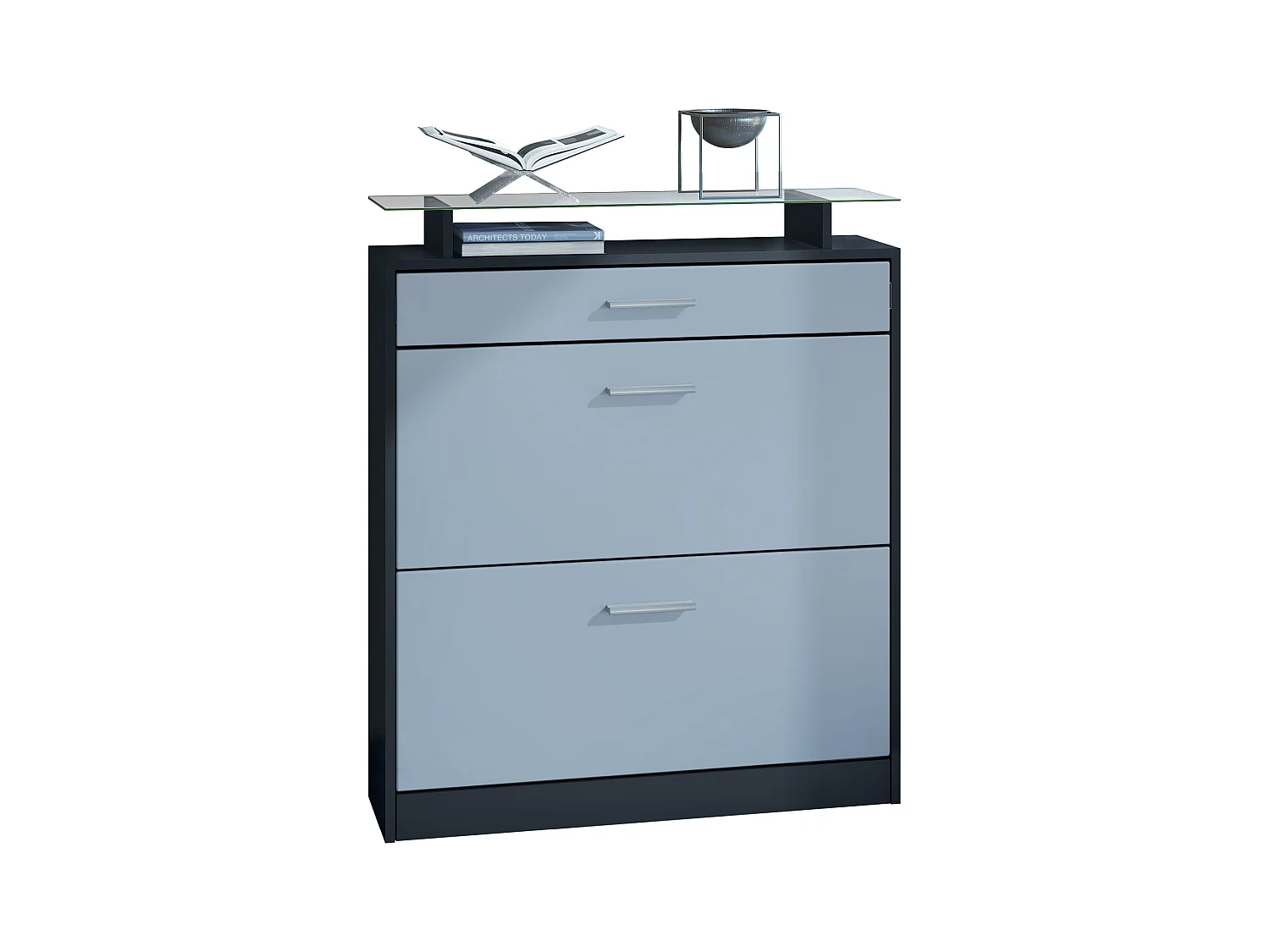 Meuble chaussure Loret, Étagère à chaussures pour 16 paires de chaussures avec 2 clapets à bascule, 1 tiroir, Noir mat/Denim mat (89 x 104 x 23 cm)