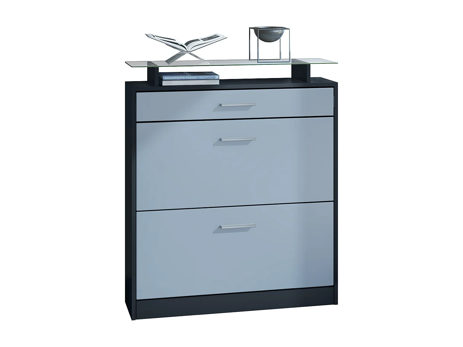 Scarpiera  Loret, mobile per 16 paia di scarpe con 2 ante a ribalta, 1 cassetto e ripiano in vetro, nero/denim (89 x 104 x 23 cm)