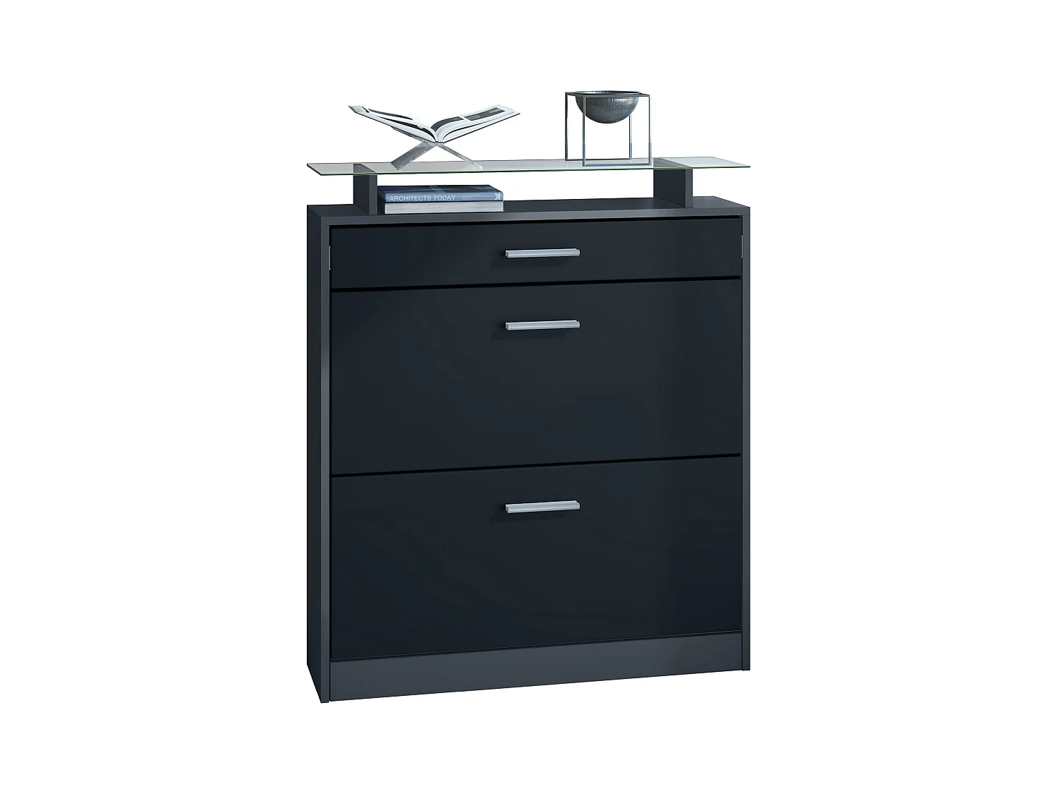 Scarpiera Loret 89 x 104 x 23 cm per 16 paia di scarpe, con ripiano in vetro, struttura in antracite opaco, frontale in nero opaco.