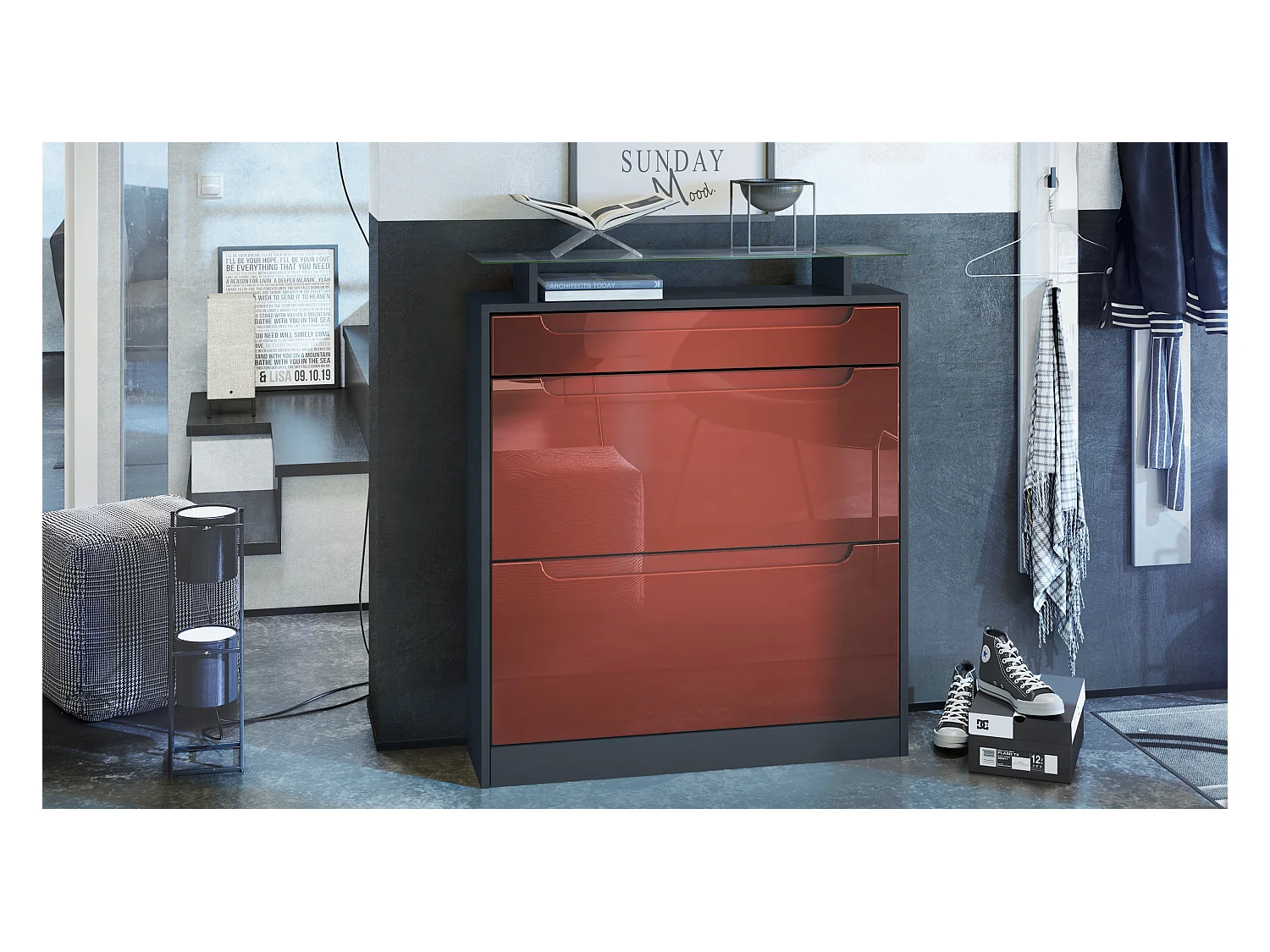 SCHUHSCHRANK Fiesta Fronten in Bordeaux Hochglanz, Griffmulden in Bordeaux Hochglanz