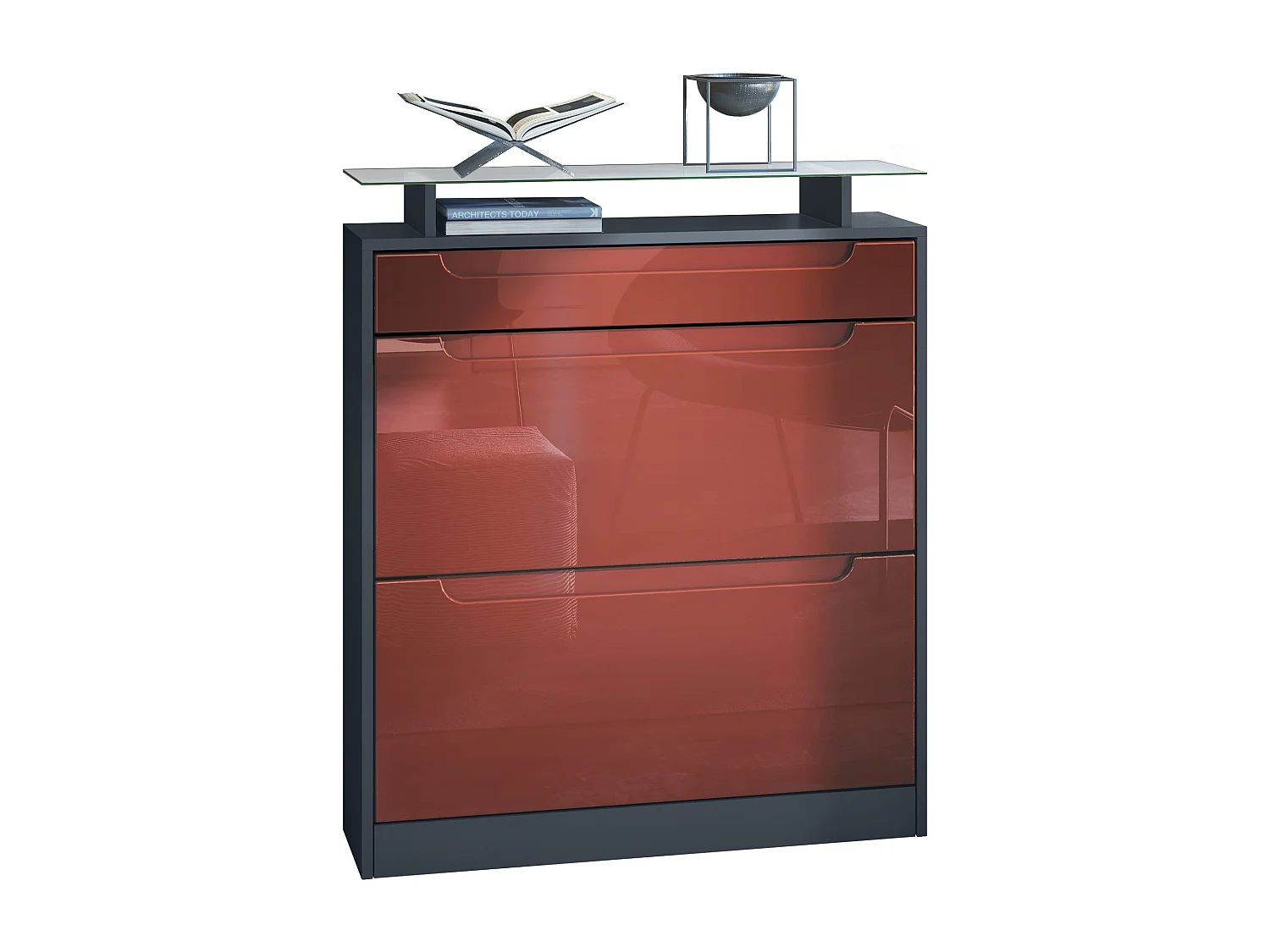 Scarpiera  Fiesta per 16 paia di scarpe con 2 ante a ribalta e ripiano in vetro, antracite/lucido bordeaux, maniglie incassate in lucido bordeaux (89 x 104 x 23 cm)