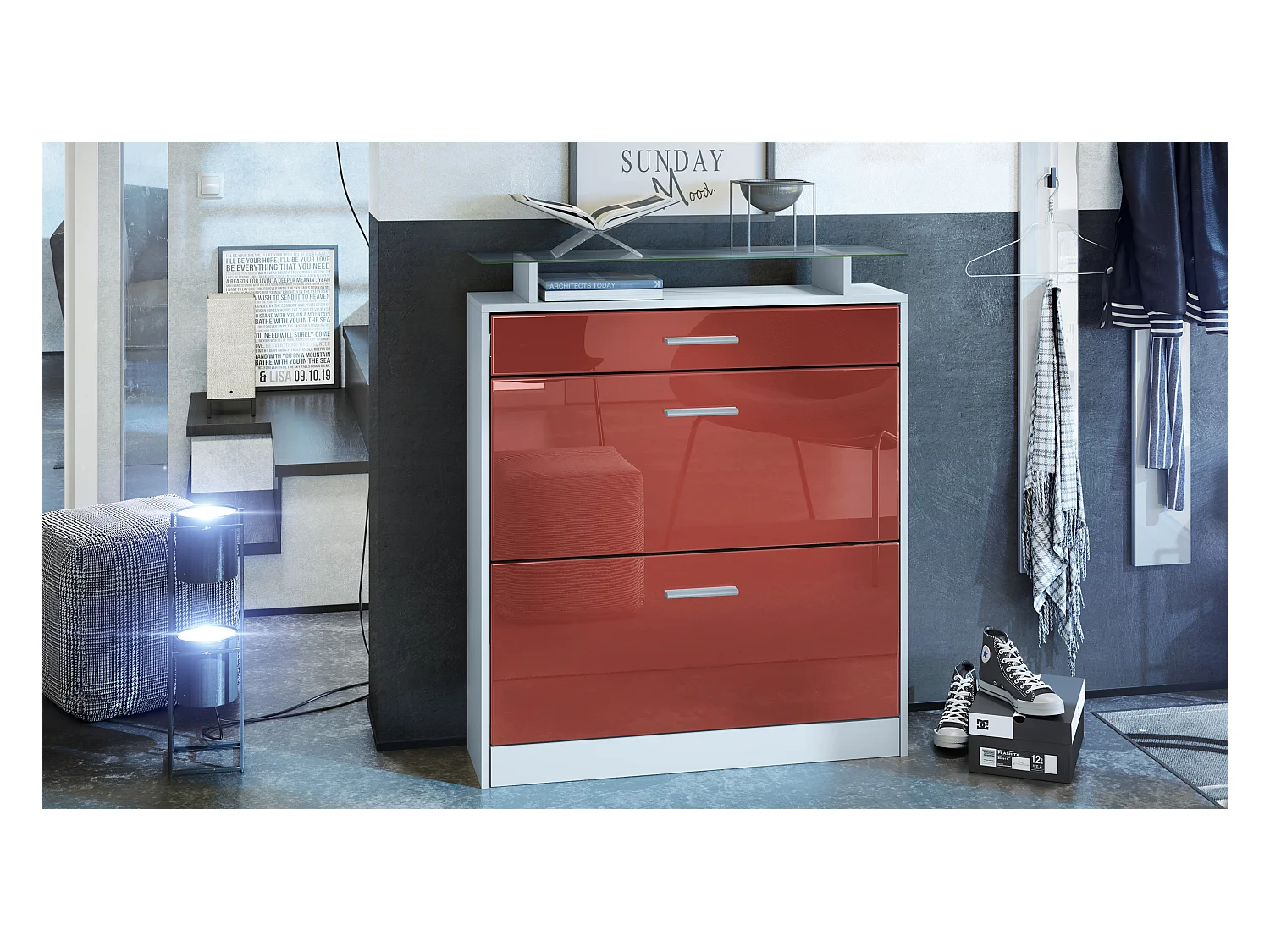 Meuble chaussure Loret, Étagère à chaussures pour 16 paires de chaussures avec 2 clapets à bascule, 1 tiroir, Blanc mat/Bordeaux brillant (89 x 104 x 23 cm)