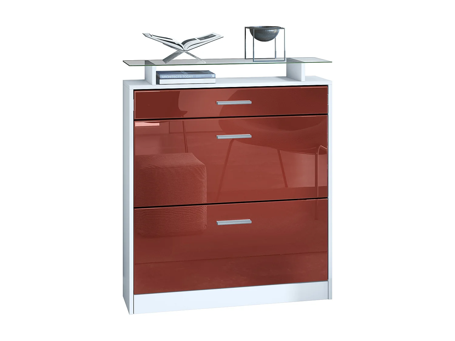 Meuble chaussure Loret, Étagère à chaussures pour 16 paires de chaussures avec 2 clapets à bascule, 1 tiroir, Blanc mat/Bordeaux brillant (89 x 104 x 23 cm)