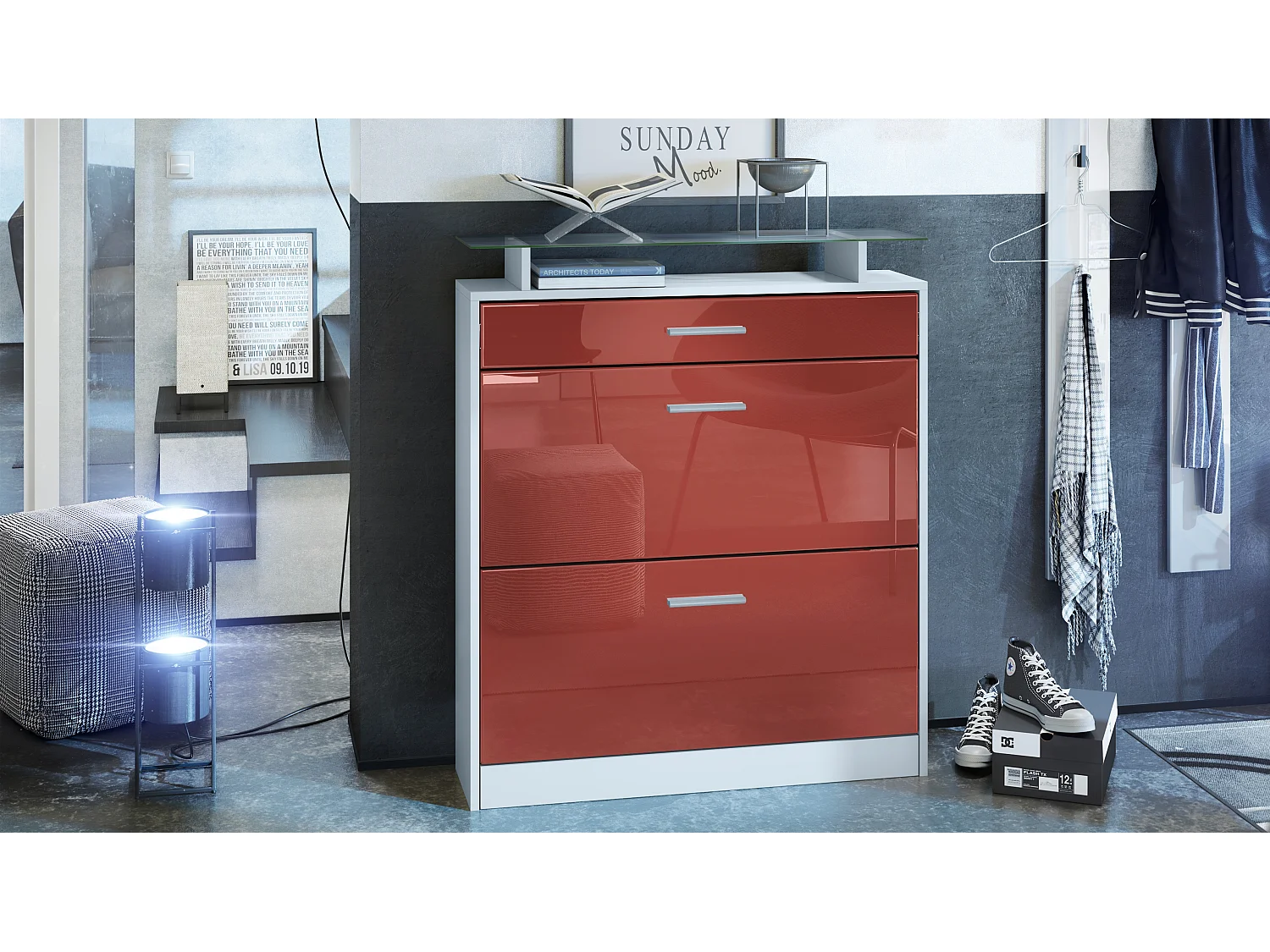 Meuble chaussure Loret, Étagère à chaussures pour 16 paires de chaussures avec 2 clapets à bascule, 1 tiroir, Blanc mat/Bordeaux brillant (89 x 104 x 23 cm)