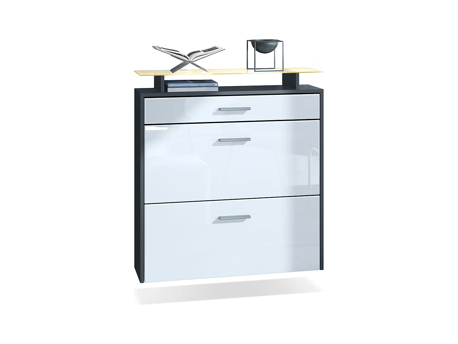 Armoire à chaussures Malea de , anthracite mat/Blanc brillant y compris LED - basculeur à chaussures suspendu pour 16 paires de chaussures (89 x 96 x 23 cm)