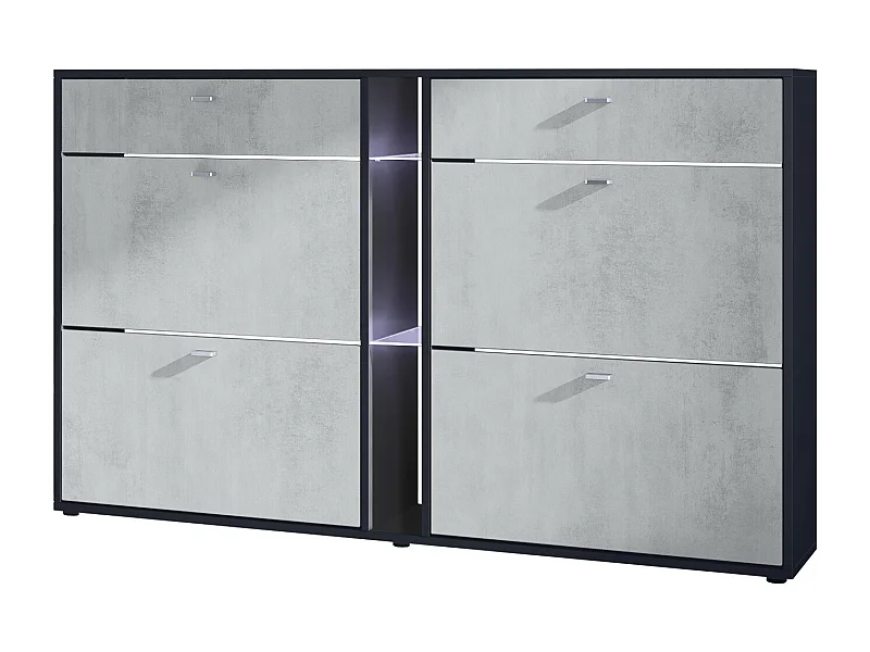 Meuble à chaussures à bascule Today 155,5 x 95 x 28 cm, avec un éclairage LED blanc, corps en Noir mat, façades en aspect béton oxyde