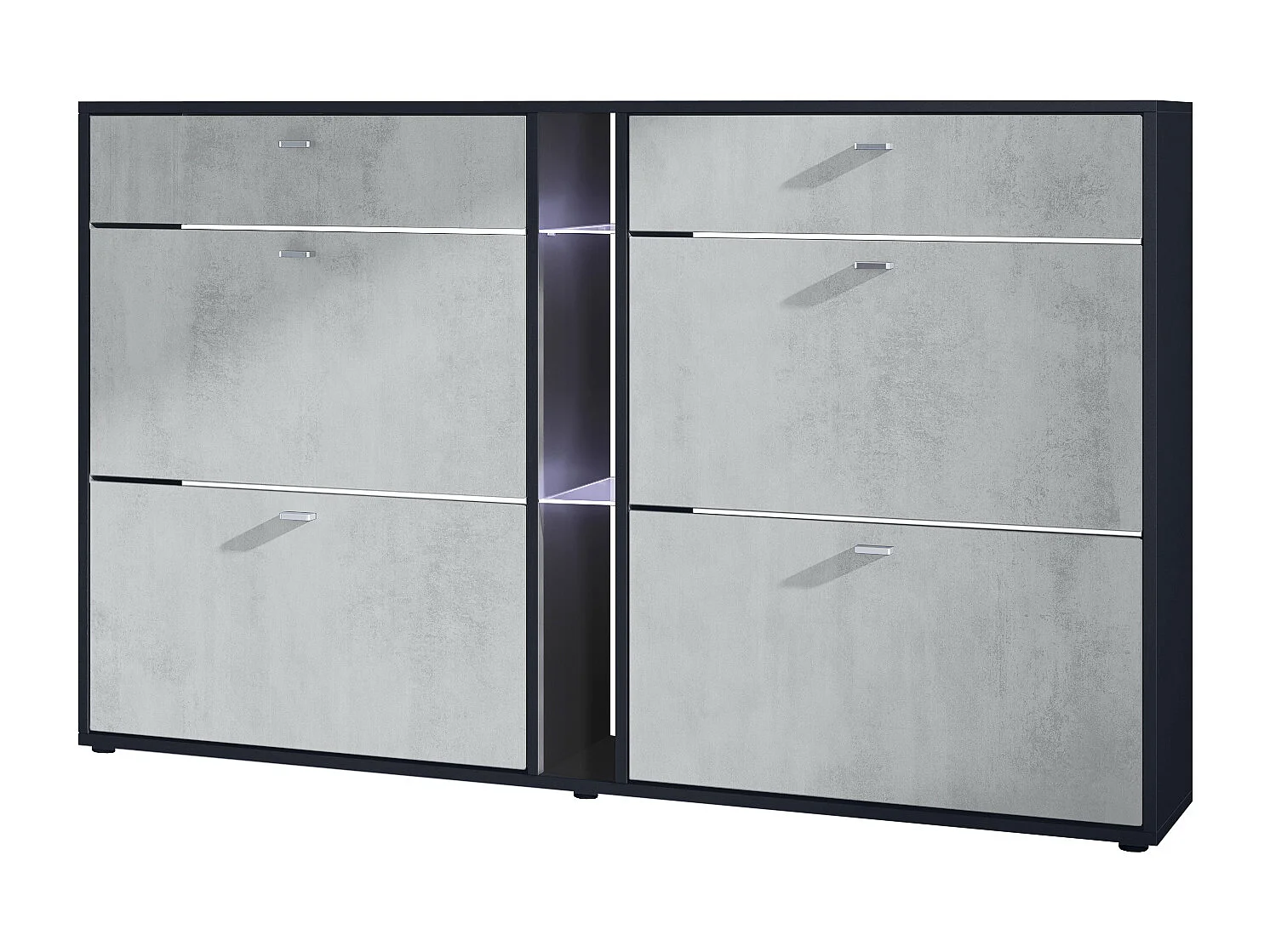 Scarpiera Today con 4 ante e 2 cassetti 155,5 x 95 x 28 cm, con illuminazione LED bianca, struttura in nero opaco, frontali in ottica cermento ossido