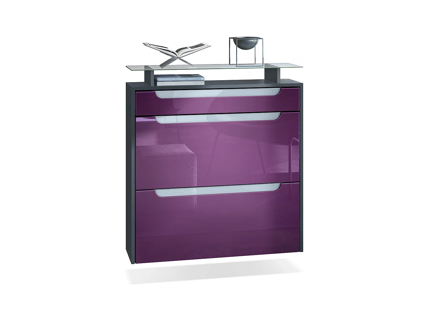 SCHUHSCHRANK Annie Fronten in Brombeer Hochglanz, Griffmulden in Weiß Hochglanz