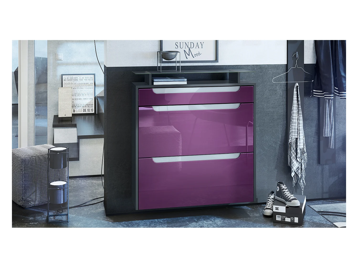 SCHUHSCHRANK Annie Fronten in Brombeer Hochglanz, Griffmulden in Weiß Hochglanz