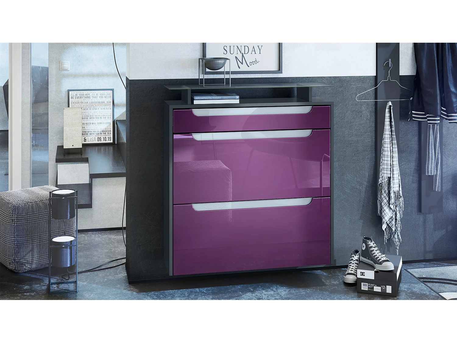 Scarpiera  Annie per 16 paia di scarpe con 2 ante a ribalta e ripiano in vetro, antracite/violetto-porpora, maniglie incassate in bianco lucido (89 x 96 x 23 cm)