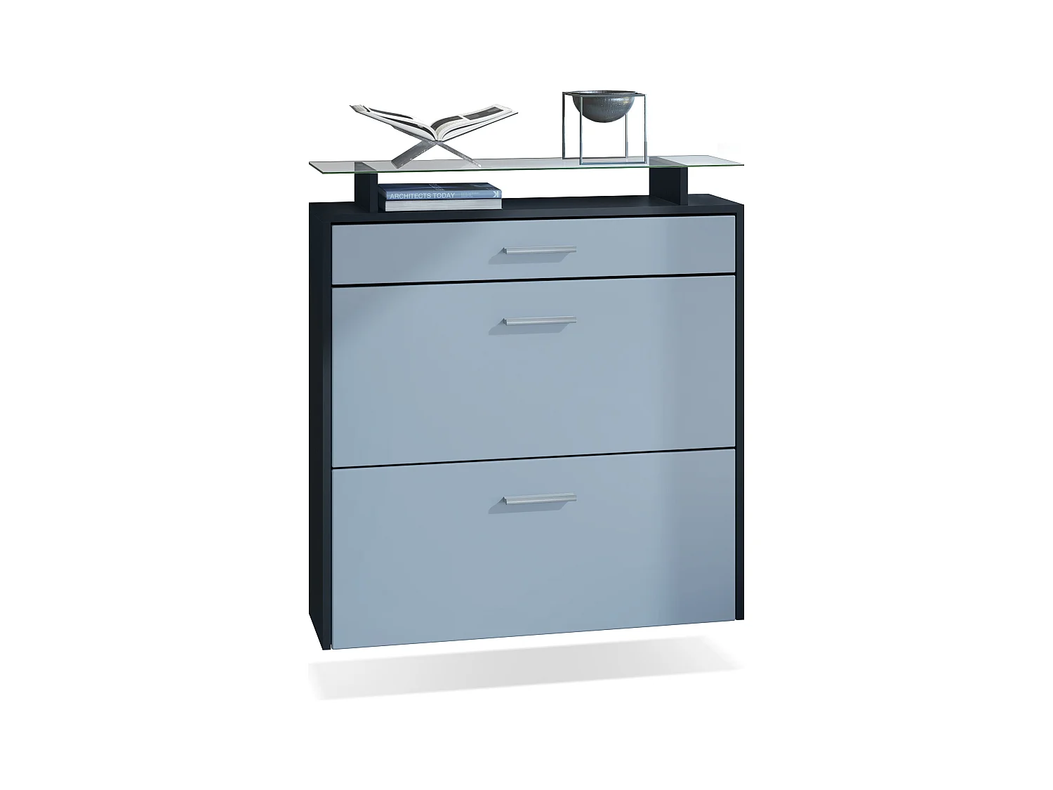 Meuble chaussures Malea, Armoire à chaussures murale pour 16 paires avec 2 clapets, 1 tiroir et 1 tablette en verre, Noir mat/Denim mat (89 x 96 x 23 cm)