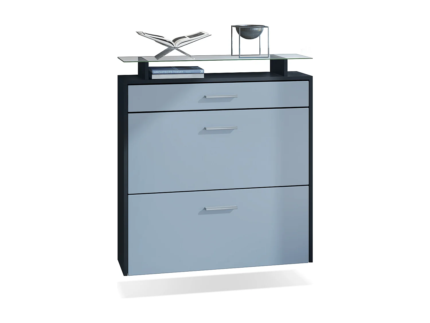 Malea, scarpiera a muro per 16 paia di scarpe con 2 ante a ribalta, 1 cassetto e ripiano in vetro, nero/opaco denim (89 x 96 x 23 cm)