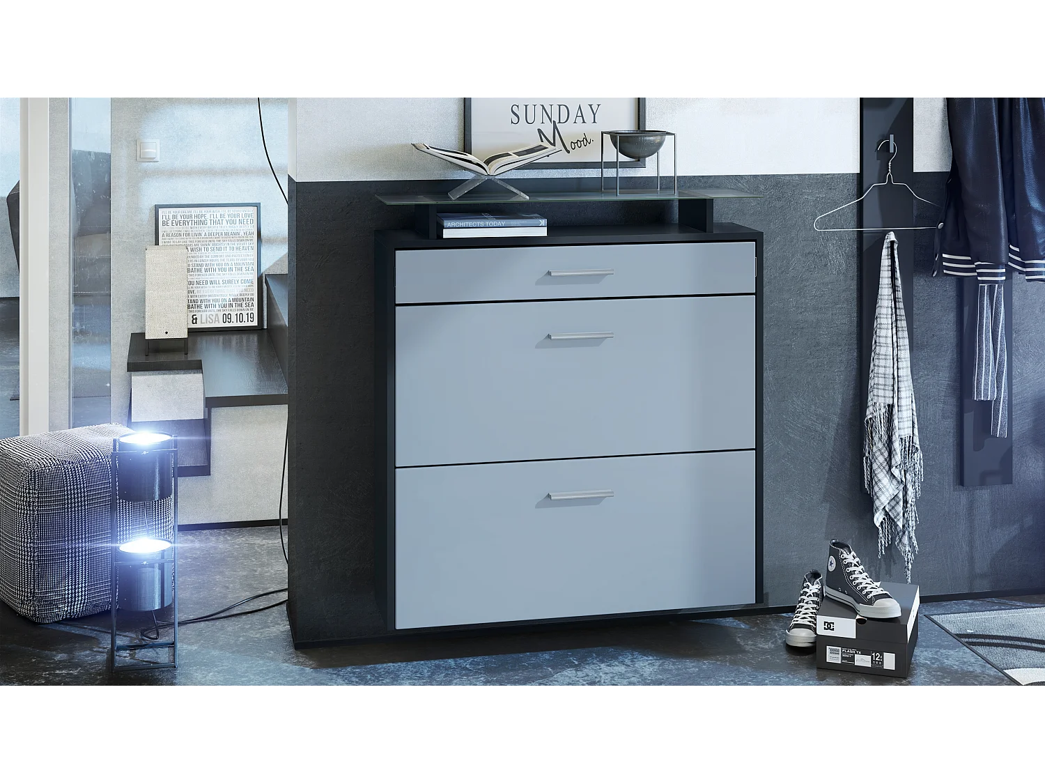 Malea, scarpiera a muro per 16 paia di scarpe con 2 ante a ribalta, 1 cassetto e ripiano in vetro, nero/opaco denim (89 x 96 x 23 cm)