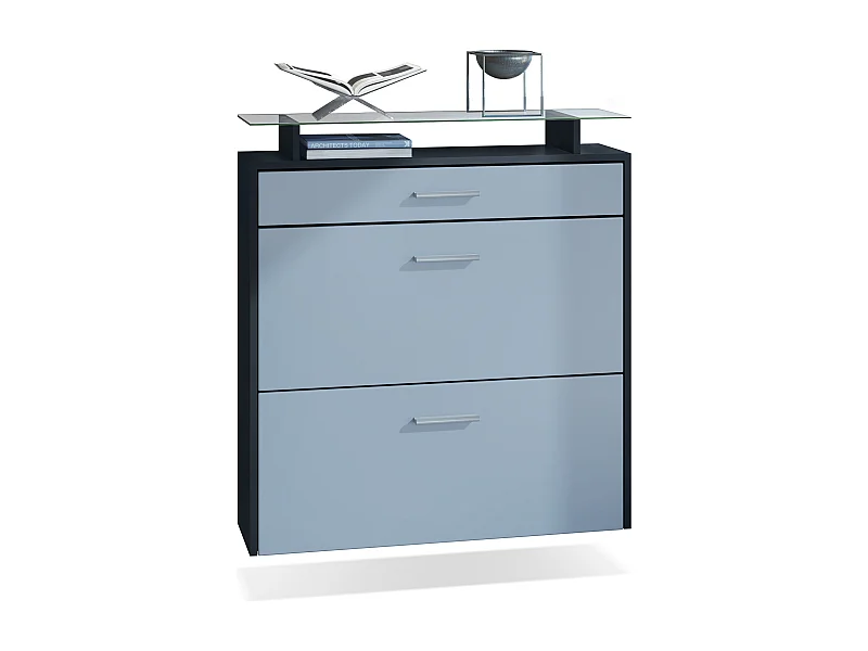 Meuble chaussures Malea, Armoire à chaussures murale pour 16 paires avec 2 clapets, 1 tiroir et 1 tablette en verre, Noir mat/Denim mat (89 x 96 x 23 cm)