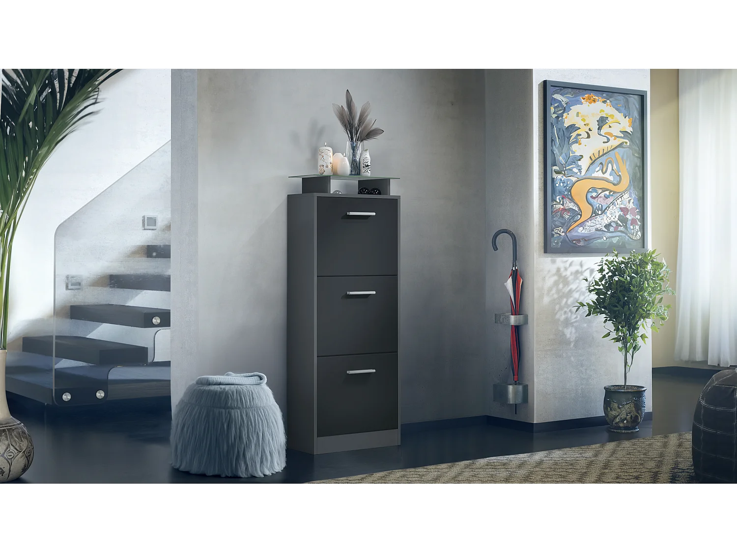 Vladon Scarpiera Lavia V2, Scarpiera per 12 Paia di Scarpe con 3 Ribalte e Mensola in Vetro, antracite opaco /nero opaco (46 x 128 x 23 cm)