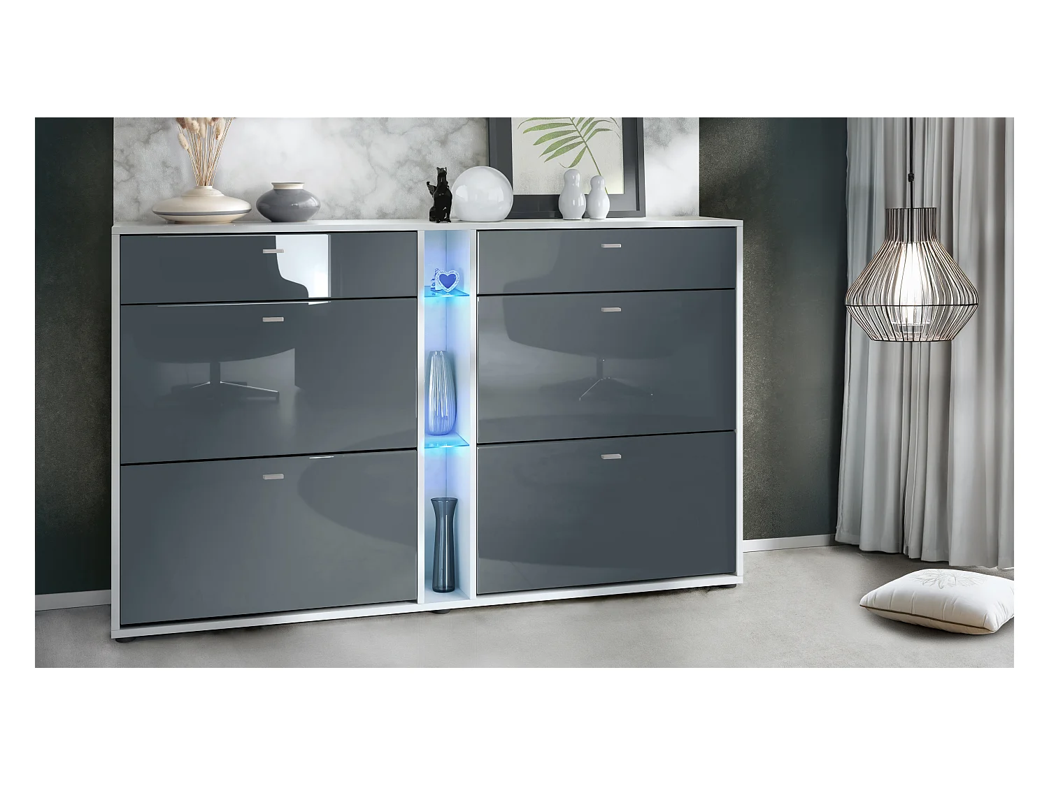 Meuble à chaussures à bascule Today 155,5 x 95 x 28 cm, avec un éclairage LED bleu, corps en Blanc mat, façades en gris haute brillance